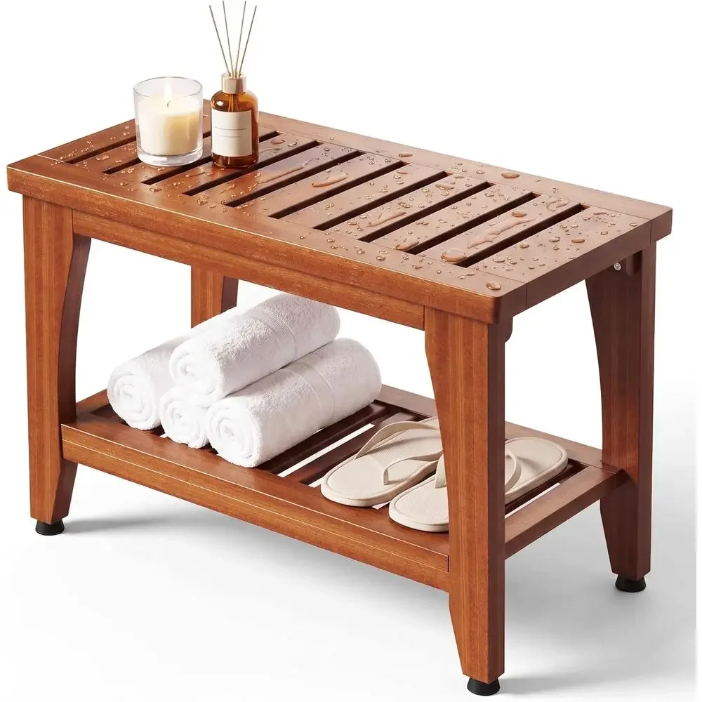 

24" Premium Solid Teak Shower Bench with Storage Shel - 400 lbs acity, Waterproo & Non-Slip Seat or Bathroom, Poolside, Spa