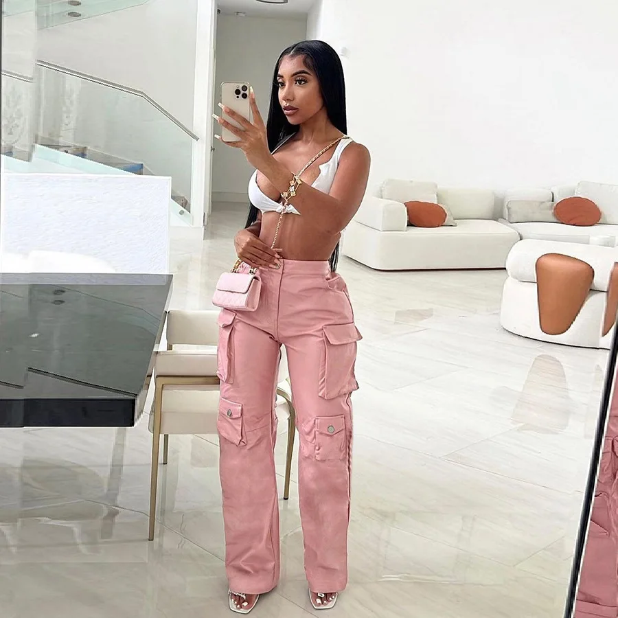 Leather Pants Women Straight Trousers Pu High Waist Washed Button Solid Multiple Pockets Streetwear Female 2025 Floor Length