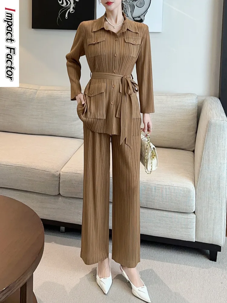 

Miyake модный женский костюм высокого класса, элегантный топ с длинными рукавами и воротником рубашки, высокая талия, драпированные прямые брюки, комплект из двух предметов