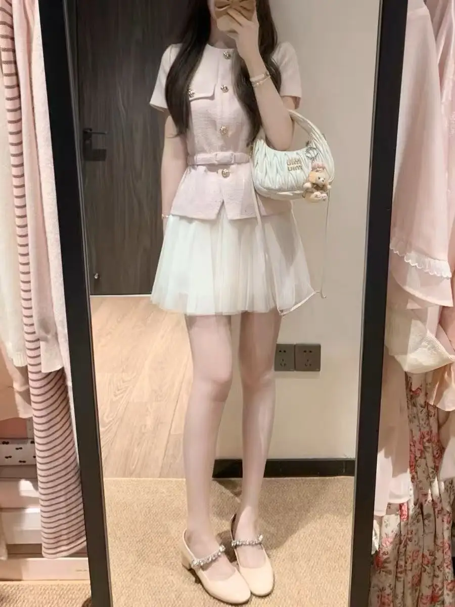 Capispalla estivo sottile Ele Pink Gonna gonfia in tulle a vita alta Set in due pezzi Chiusura con bottoni Sle Or Sve di lusso