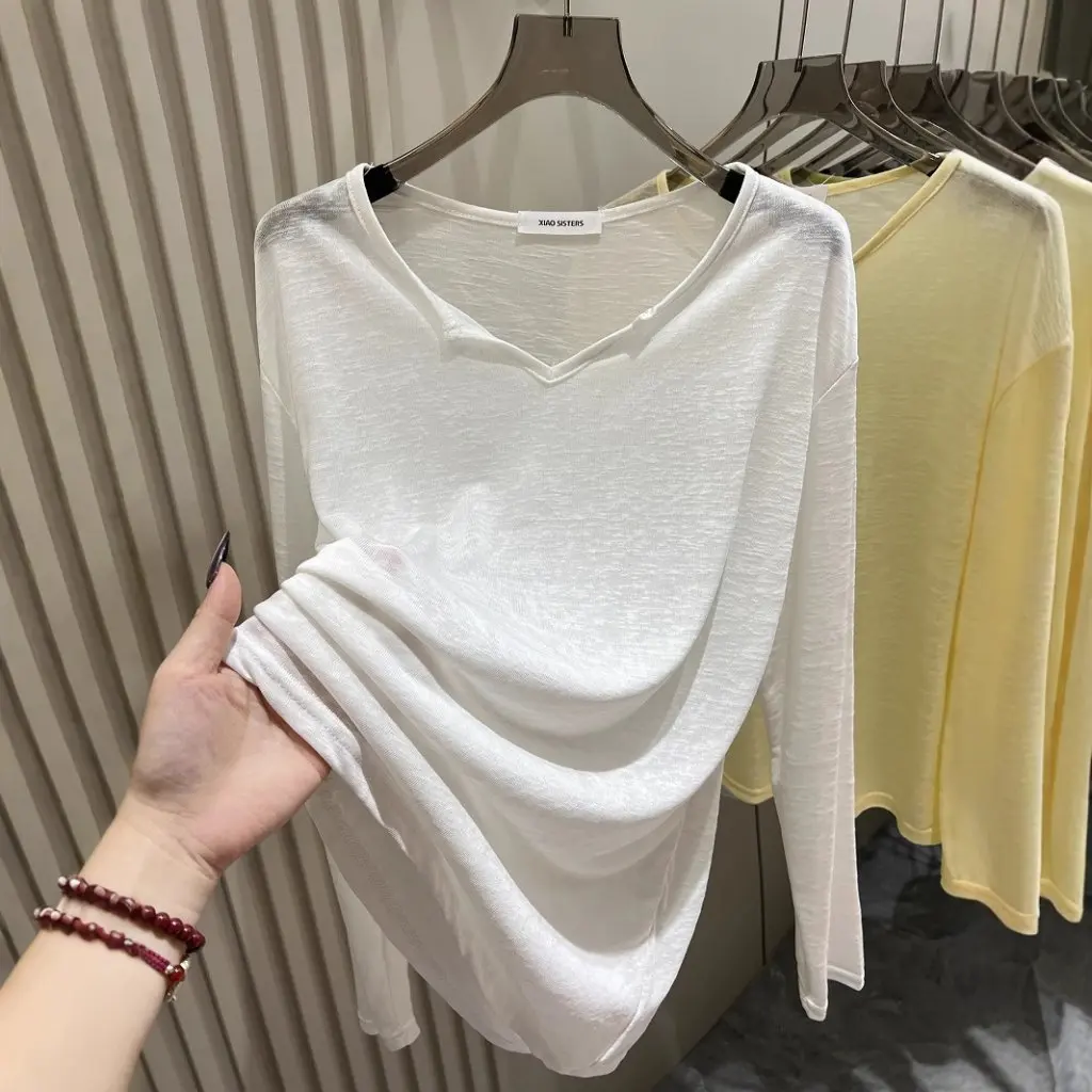 

Women's Tencel Long-Sleeved T-Shirt V-Neck Summer Thin Sun Protection Blouse High-End Loose Slimming See-Through Lazy Style Top