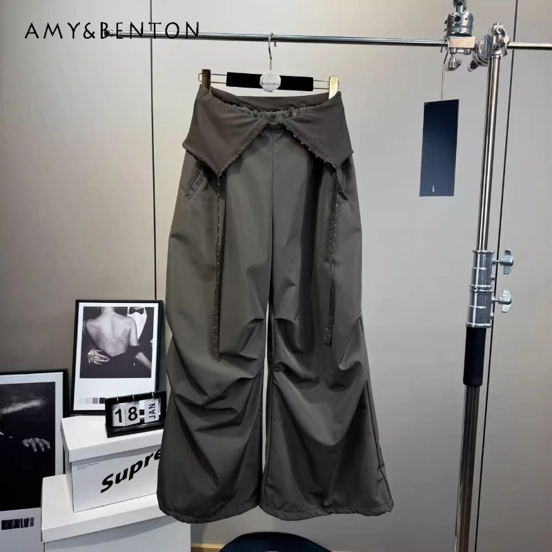 

2025 Spring Summer Flanged Splicing Fake Two-piece Women's Pants American Loose Thin Versatile Casual Hot Girls Trousers Ladies