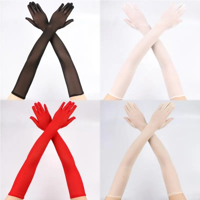55CM Sexy Lace Thin Hollow Transparent Long Gloves Breathable Net Yarn Women Man Stage Performance Party Cosplay Elasticity
