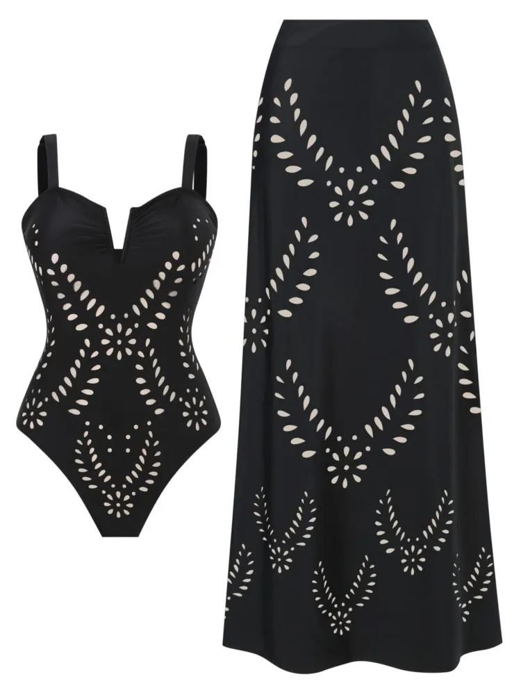 

Retro Bikini Printed Fashion Two Piece Swimsuit And Cover Up With Skirt Tight Women's Bandage Summer Beach Luxury Elegant