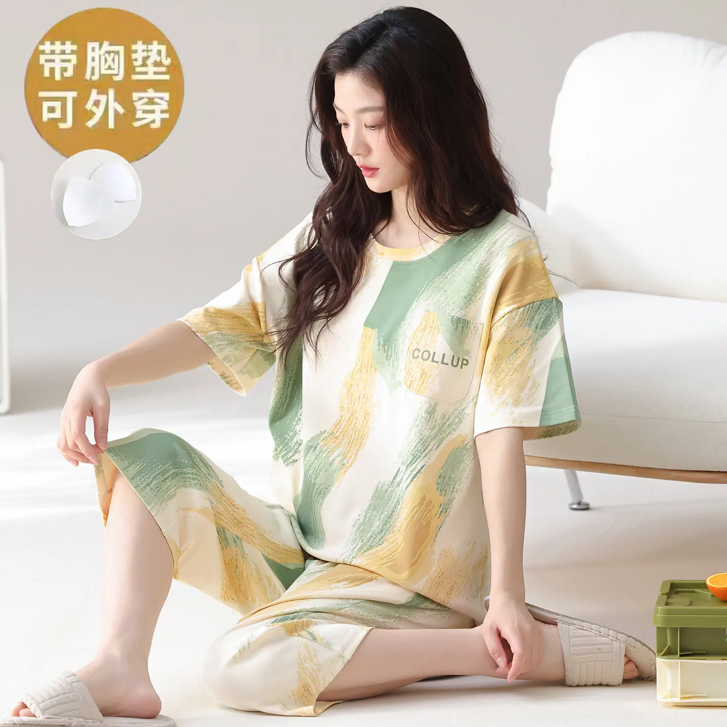 Korean Fashion New 2026 Summer Women Pajama Set Cartoon Design Pullover Short Sleeve Capri Pants Loose Sleepwear With Bra Pads