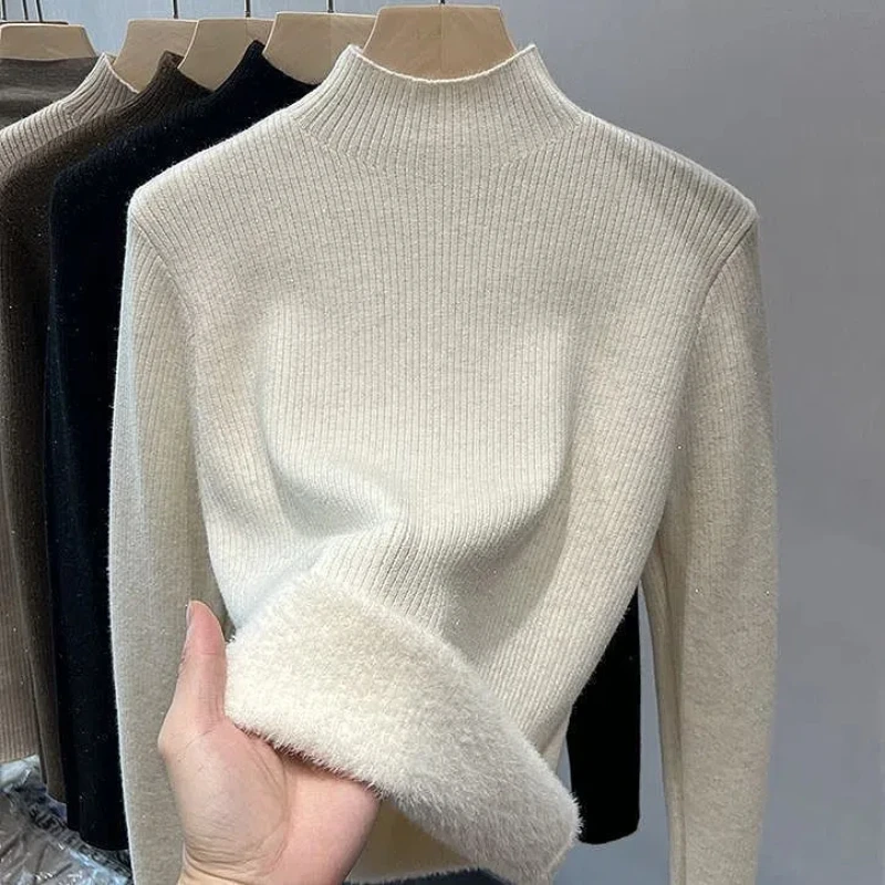 

Half High Collar Autumn Winter Solid Color Pullover Women's Clothing Casual Sweater Knitted Long Sleeve Bright Silk Vintage Tops