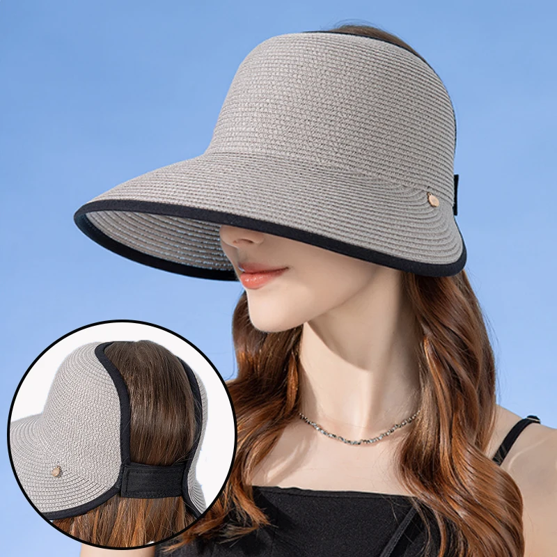 Summer Straw Empty Top Sun Hat Women Large Wide Brim Anti-UV Sunscreen Visors Outdoor Foldable Roll Up Travel Vacation Beach Cap