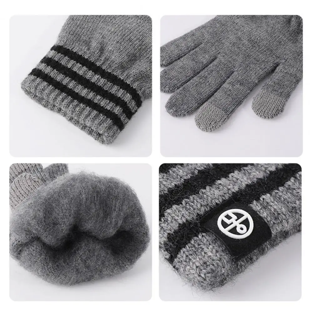 Winter Accessories Gift Set 3pcs Winter Hat Scarf Gloves Set Striped Print Thickened Velvet Lining Windproof Warm Neckerchief