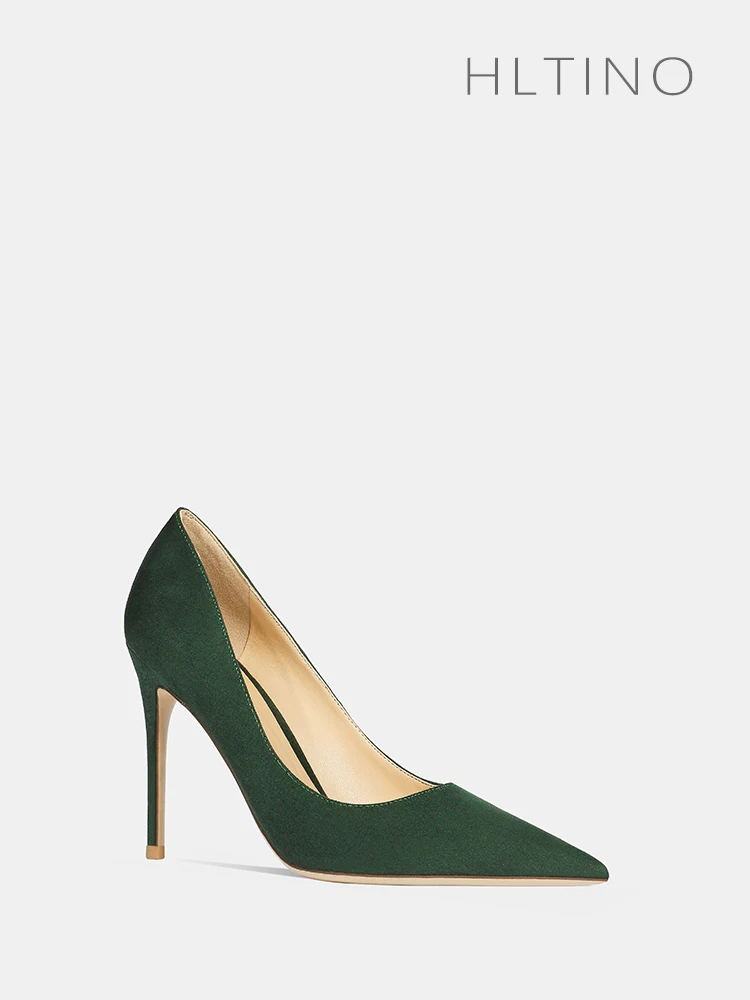 

jade green flock pumps for women french style of sexy high heels autumn spring shoes with pointed toe genuine leather