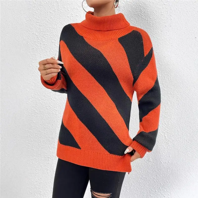 Herfst Winter Hoge Ne Trui Gebreide Trui Dames Basislaag Irt Kleur Blo Diagonaal Streep Ontwerp Thi Lange Sve