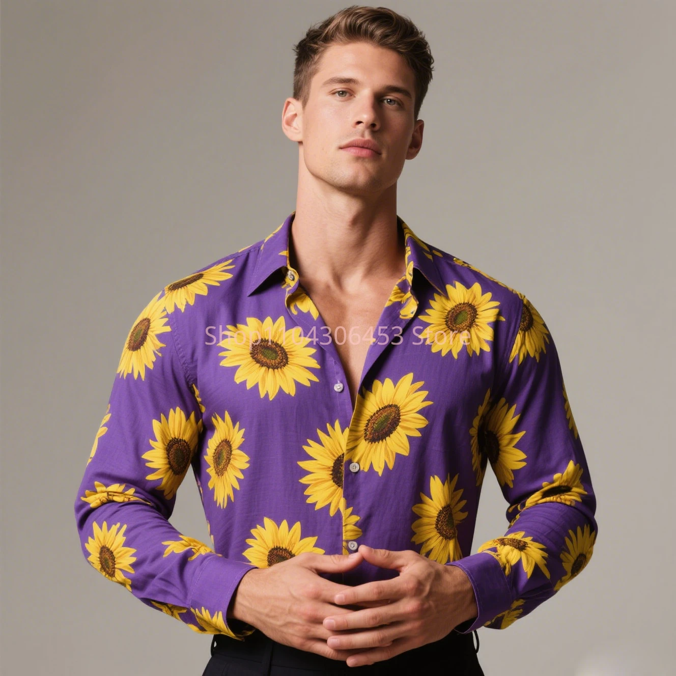 New Men's Festive Chrysanthemum 3D Print Original Design Shirt Hawaiian Vacation Casual Long-sleeved Lapel Shirt Business Simple