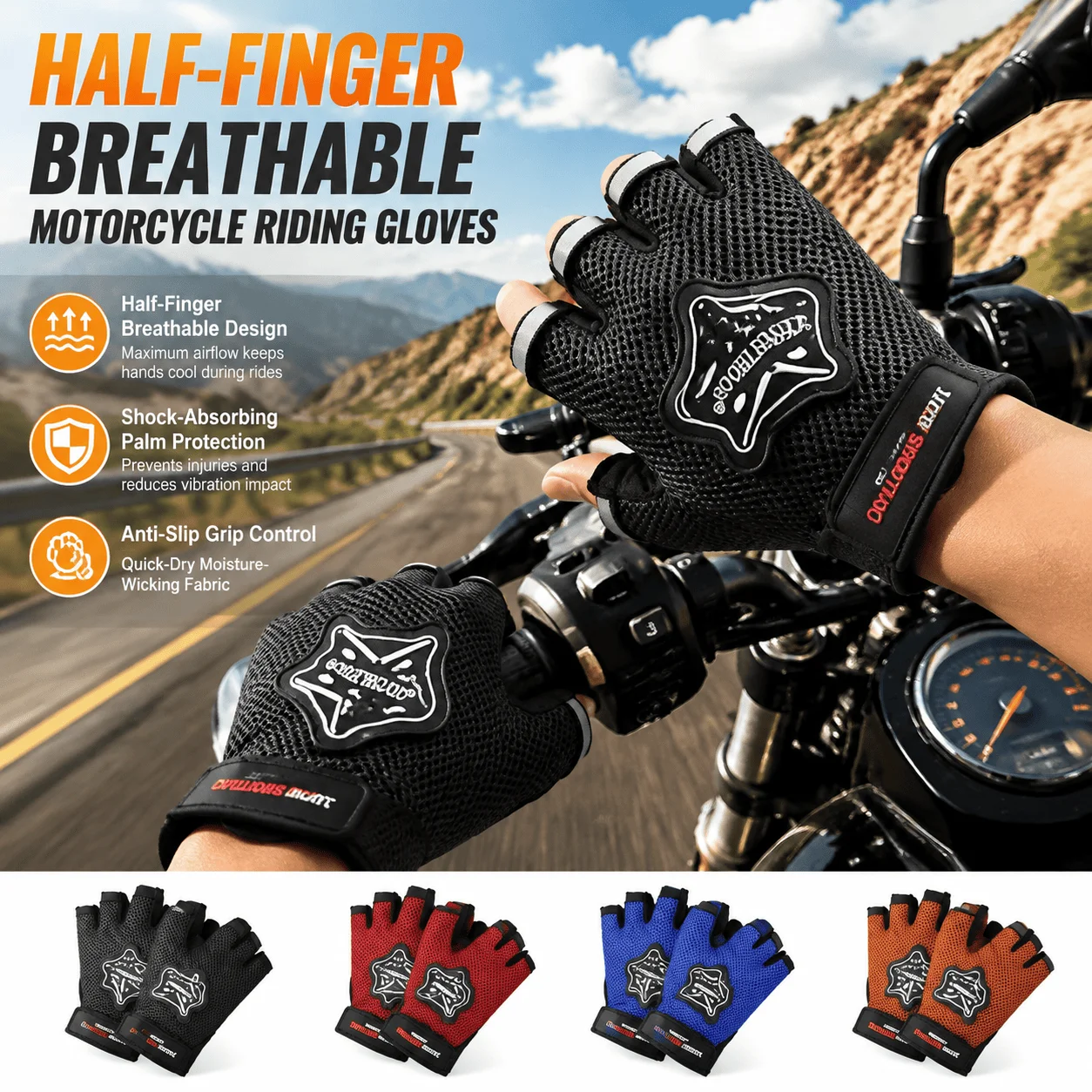 Motorcycle Gloves Half Finger Breathable Riding Anti-Slip Palm Protection Cycling Gym Summer Gear Shock Absorbing Unisex Sports