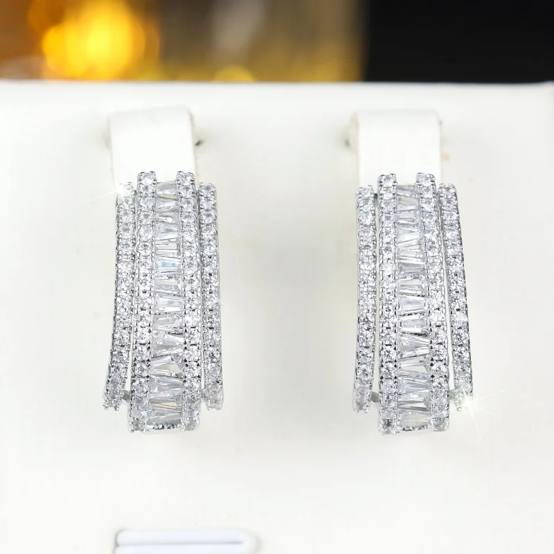Light Luxury Multi-layer Ladder Cubic Zirconia C-shaped Ear Buckle for Women's High-end Curved Temperament Versatile Jewelry