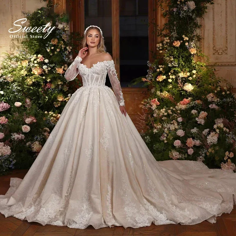 

Exquisite Wedding Dress Organza With Embroidery Ball Gown Full Sleeve Boat Neck Bride Dress Customized Button Vestido De Novia