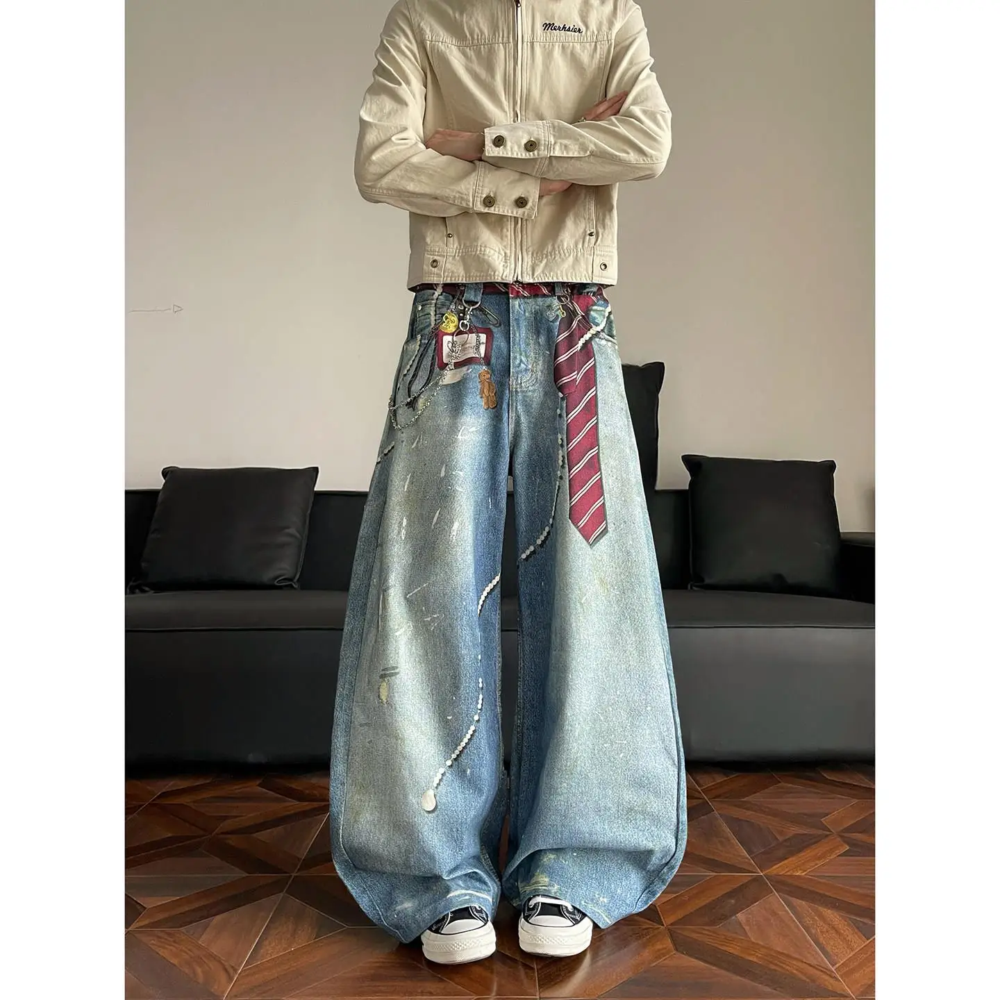 

Trendy Tie Print Wide Leg Jeans Men's Autumn New American Design Loose Casual Long Pants Knife Blade Design Youth Fashion