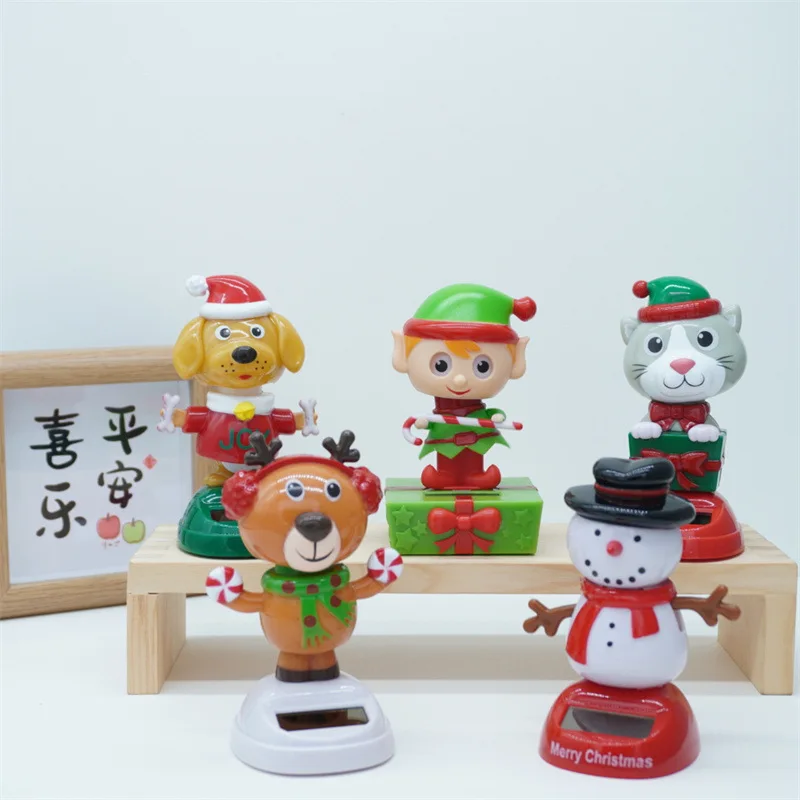 New Cartoon Cute Christmas Snowman Elk Elf Doll Solar Toys Funny Solar Shaking Head Dancing Car Ornament Christmas Birthday Gift