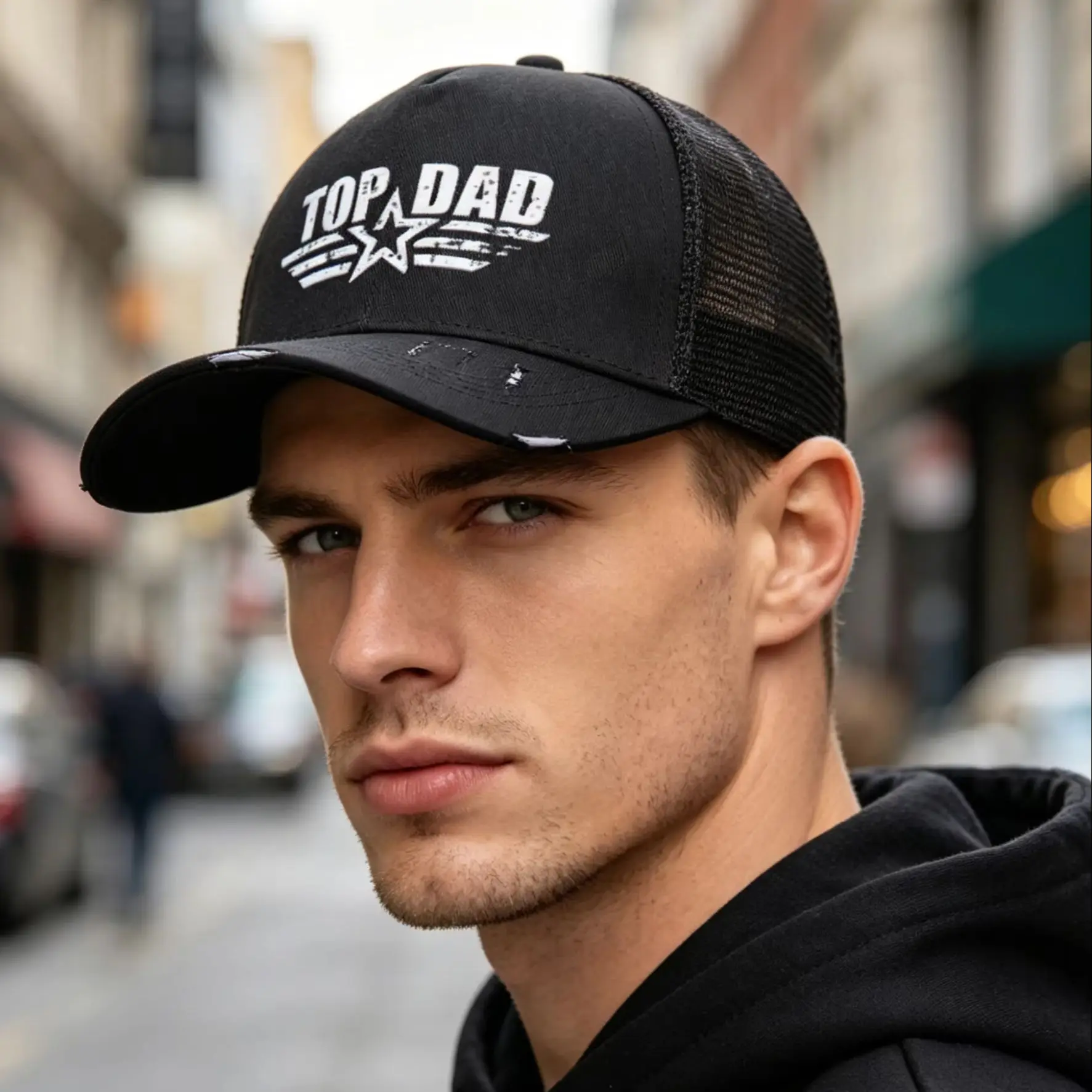 Unisex Mesh Breathable Baseball Cap/'TOP DAD'Print Trucker Hat/Retro Tear Design/Versatile Adjustable, Fit For Outdoors