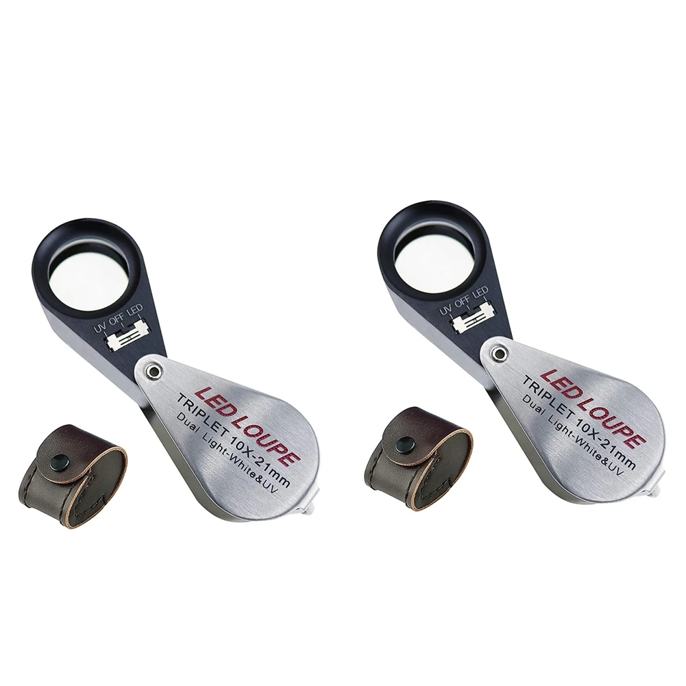 2-個-10x-倍率宝石ルーペトリプレットレンズ拡大鏡-6-led-uv-ライト-21-ミリメートル宝石、ジュエリー、コイン、スタンプ用
