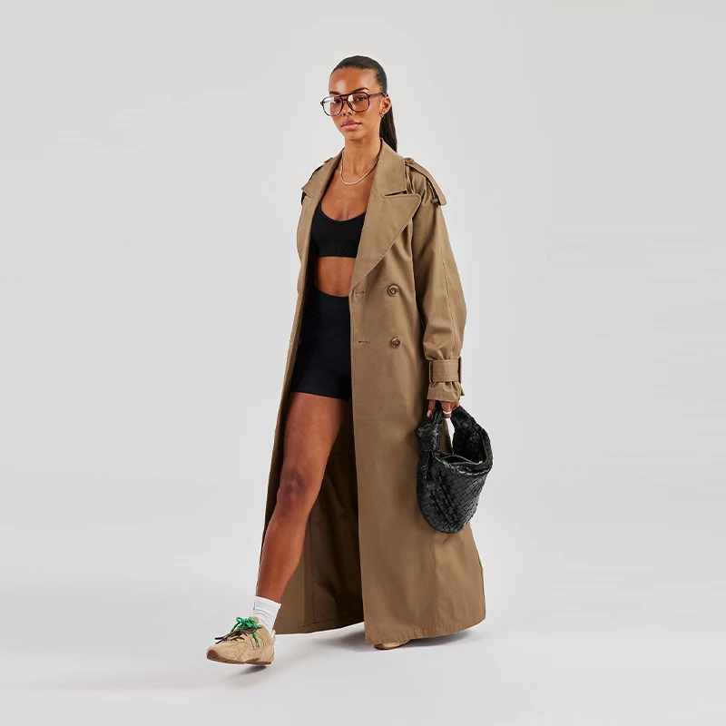 Trench coat longo de grandes dimensões feminino cinto ajustável elegante casaco commuter roupas femininas 2025 novas roupas de moda feminina