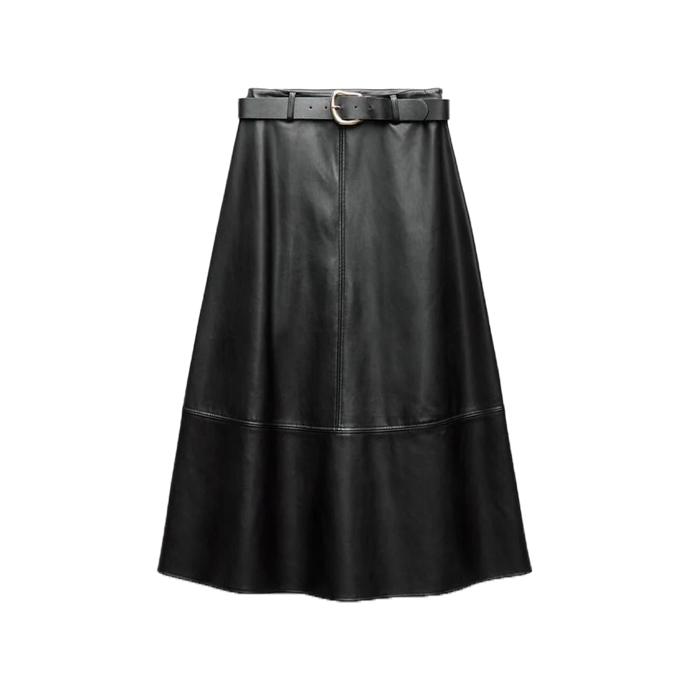 2024 autumn and winter women\'s new fashion retro high waist with belt black versatile imitation leather cape version long skirt