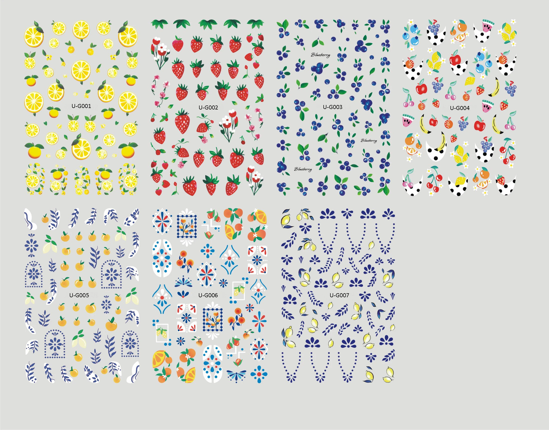 7 Sheets 3D Sicilian Summer Fruits Nail Art Stickers Lemon Orange Blueberry Strawberry Nail Decals Manicures Beauty DIY