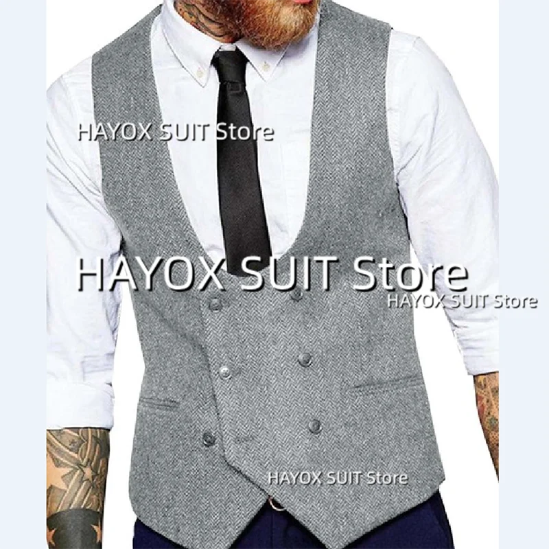 Men\'s Slim Fit Suit Vest Double Breasted Herringbone Tweed Tank TopSleeveless Jackets Vintage Tooling Tuxedo