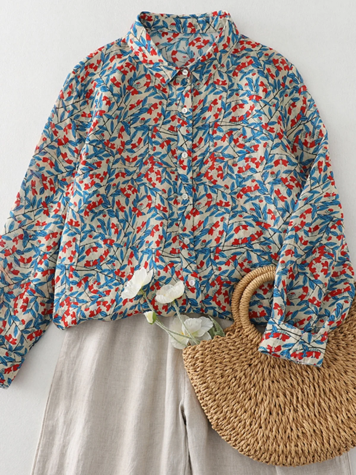 

Женский универсальный универсальный топ Blue Le с цветочным принтом, новинка 2024, свободный крой, длинный повседневный топ на пуговицах