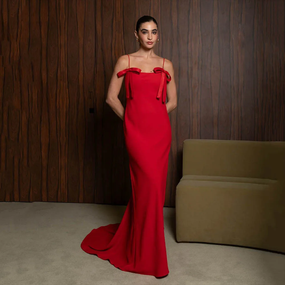 

Msikoods Red Backless Evening Dresses Spaghetti Strap Bow Elegant Prom Dress Mermaid Party Dress Women Formal Gown Customized
