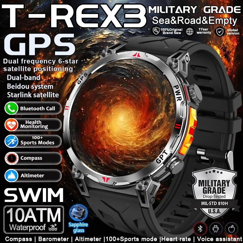 

New T-REX3 Military GPS SmartWatch AMOLED Screen Compass 10ATM Waterproof Fitness tracker Heart Rate BT call Sports watch 650Mah