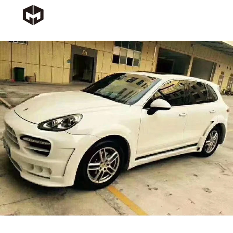 Fibra de vidro amortecedor dianteiro difusor traseiro saias laterais estilo hm kit de corpo largo para porsche cayenne 958 14 polegadas