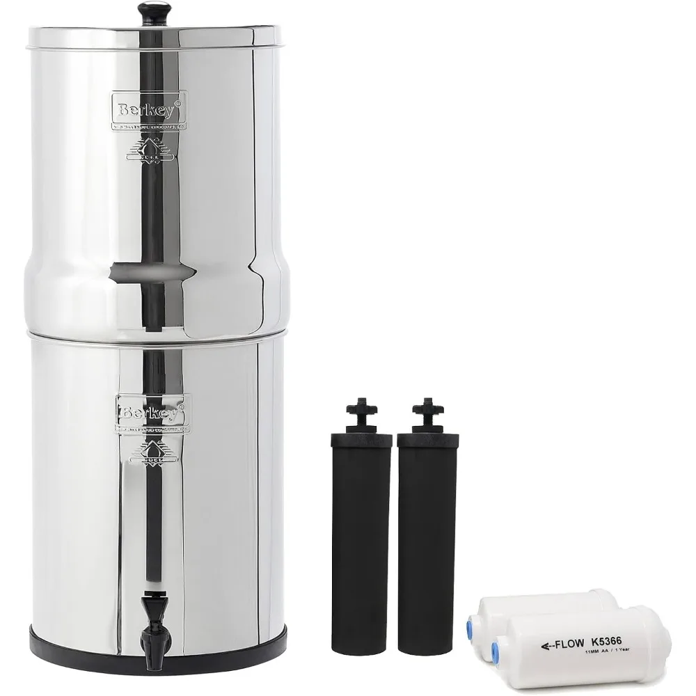 

Gravity-Fed Water Filter System 3.25 Gallon with 2 Black Berkey Elements, 2 Berkey PF-2 Fluoride and Arsenic Reduction Elements