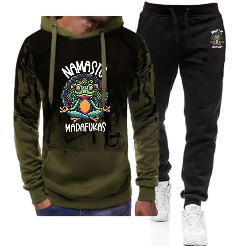 

2025 Spring And Autumn Man's Funny Yoga Print High Street New Gradient Color Set Drawstring Hoodies + Leisure Pants Suit