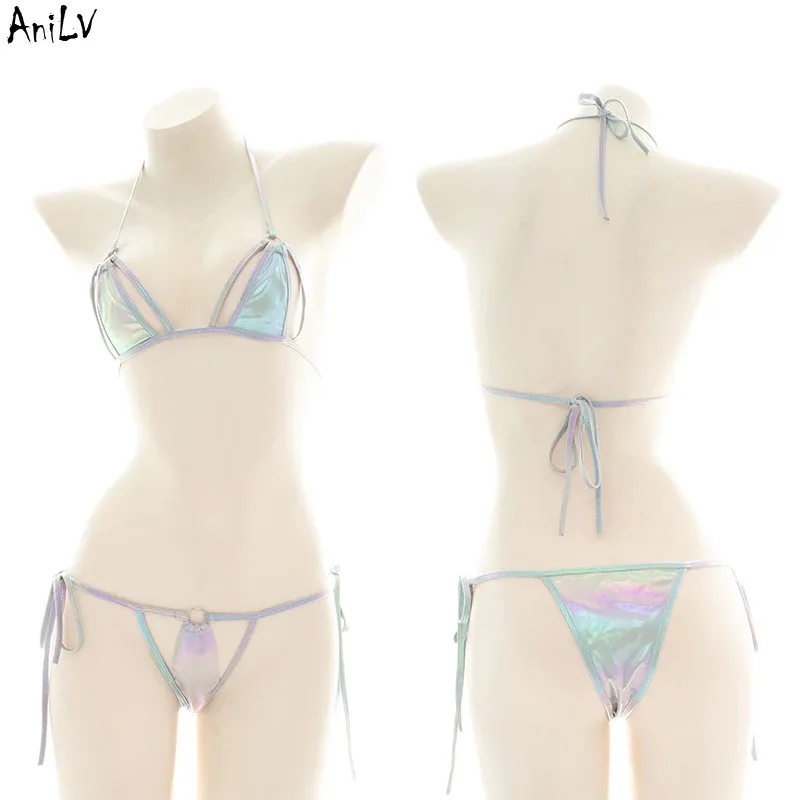 

AniLV Beach Shine Girl Bling Laser Bikini Swimsuit Swimear Costume Women Bandage Three-point Lingerie Pajamas Cosplay