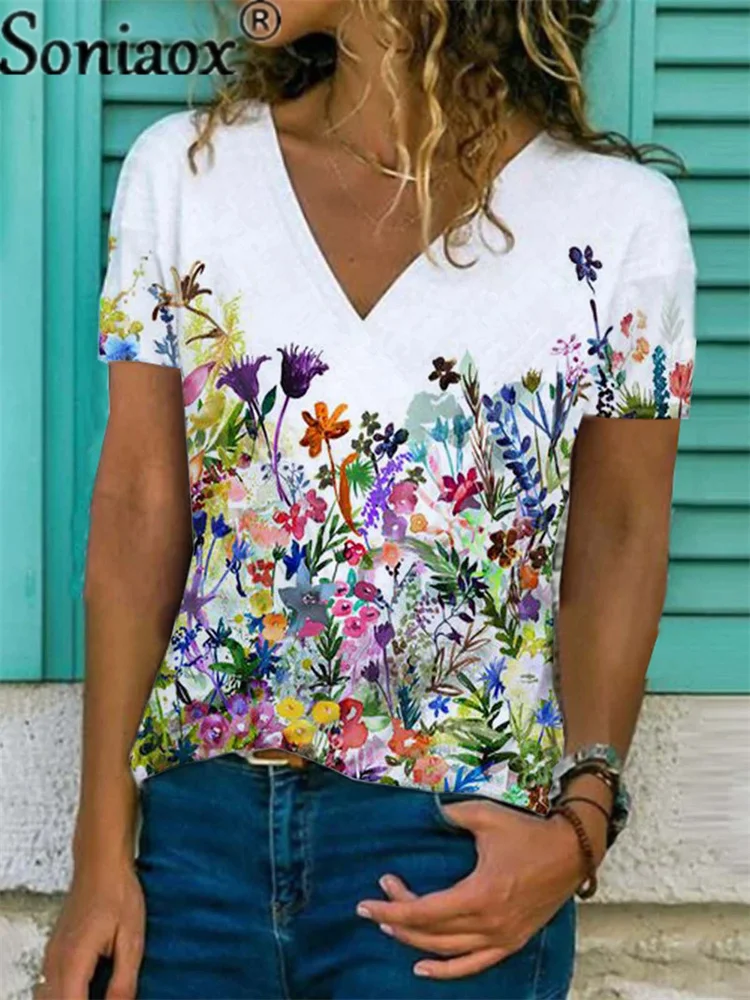 

2022 Summer Vintage Casual Tee Short Sleeve Women T-Shirts Flower Print Street Tops Female V-Neck Loose T-Shirt Top Pullover