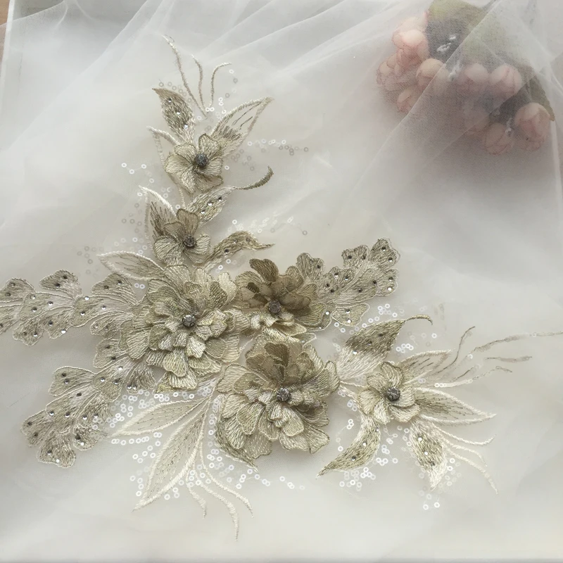 1 Piece Sequin Flower Wedding Gown Appliques Lace Fabric Embroidered Mesh Sew Patch For Dress DIY Decor 39*28CM