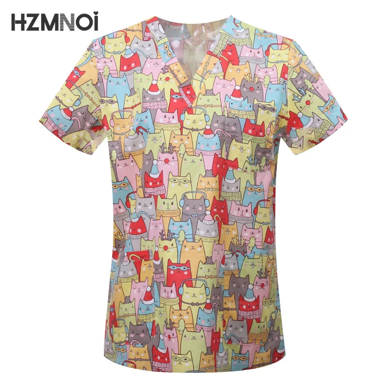 Cartoon Animals Print Pet Clinic Hospital Nursing Scrub Tops Shirts Cotton Dentistry Doctor Blouse Medical Surgical Uniforms