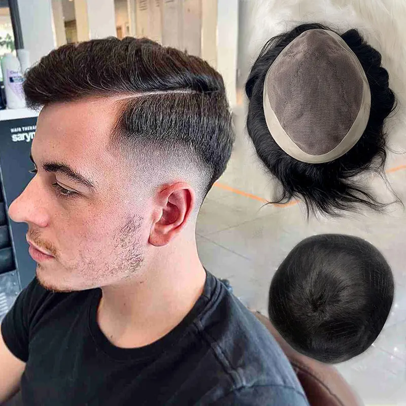 In Stock High Quality Mono Base Straight 100% Real Virgin Replacement Systems Men's Toupee Human Hair Piece Systems 6x8 Black