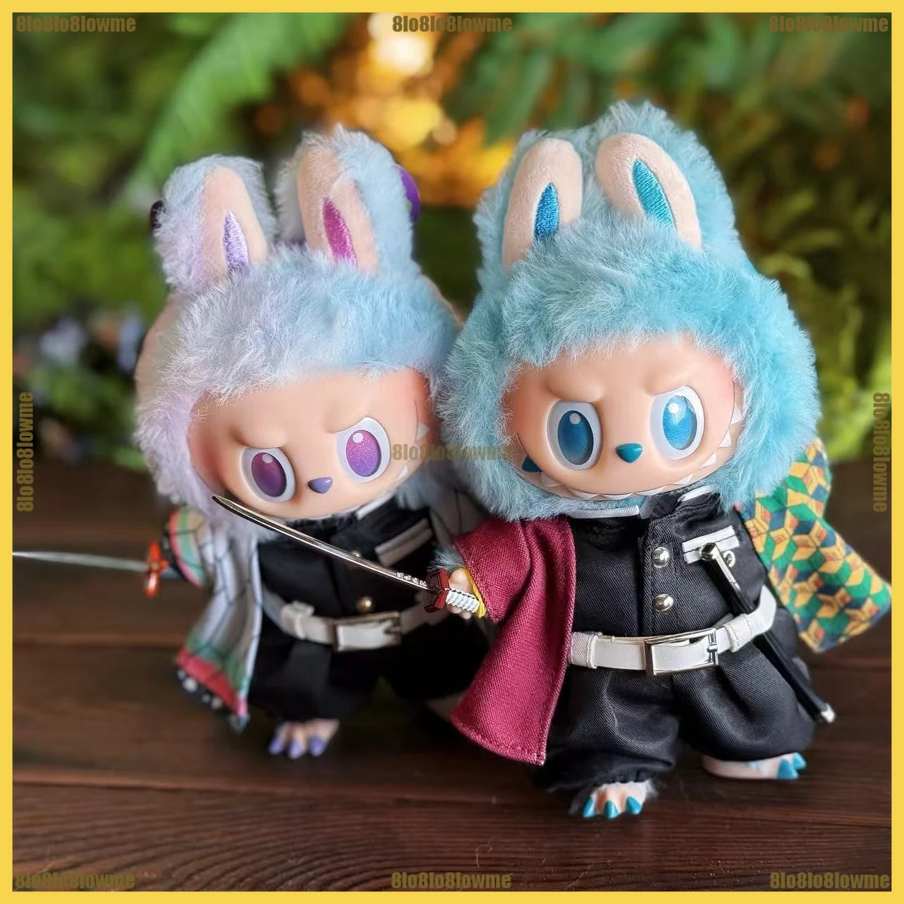 

Ghost Slayer Labubu Clothes Cartoon Inosuke Zenitsu Tanjirou Set with Sun Wheel Knife Mini Plush Doll Clothing Accessories