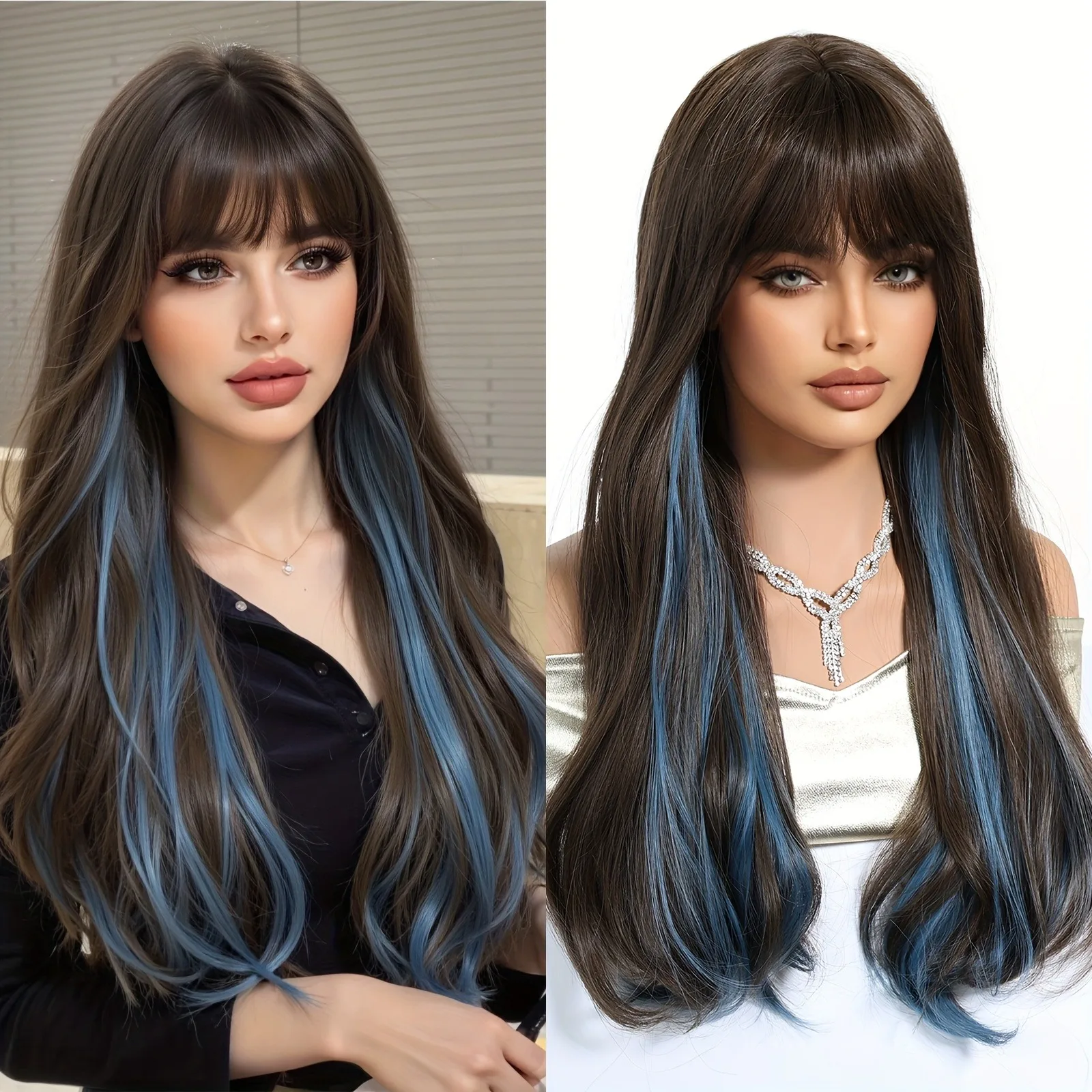 باروكة صناعية مجعدة ومستقيمة بطول 60.96 سم للنساء - بني طبيعي مع خصلات زرقاء مثالية لحفلات الهالوين #4