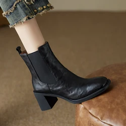 NOWOŚĆ Jesień/Zima Buty damskie Square Toe Chunky Heel Ankle Boots Women Genuine Leather Shoes for Women Concise Chelsea Boots