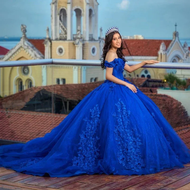 تخصيص فساتين Quinceanera الأزرق الملكي الكرة ثوب 3D الأزهار الدانتيل حبة الظهر مشد الحلو 16 فستان الحفلة الراقصة