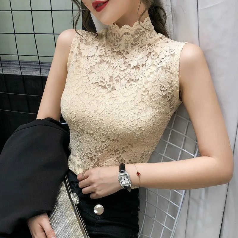 

Fashion 2024 Women T-Shirts Sexy Turtleneck Lace Fitted for Tank Top Slim Fit Tunic Bottoming