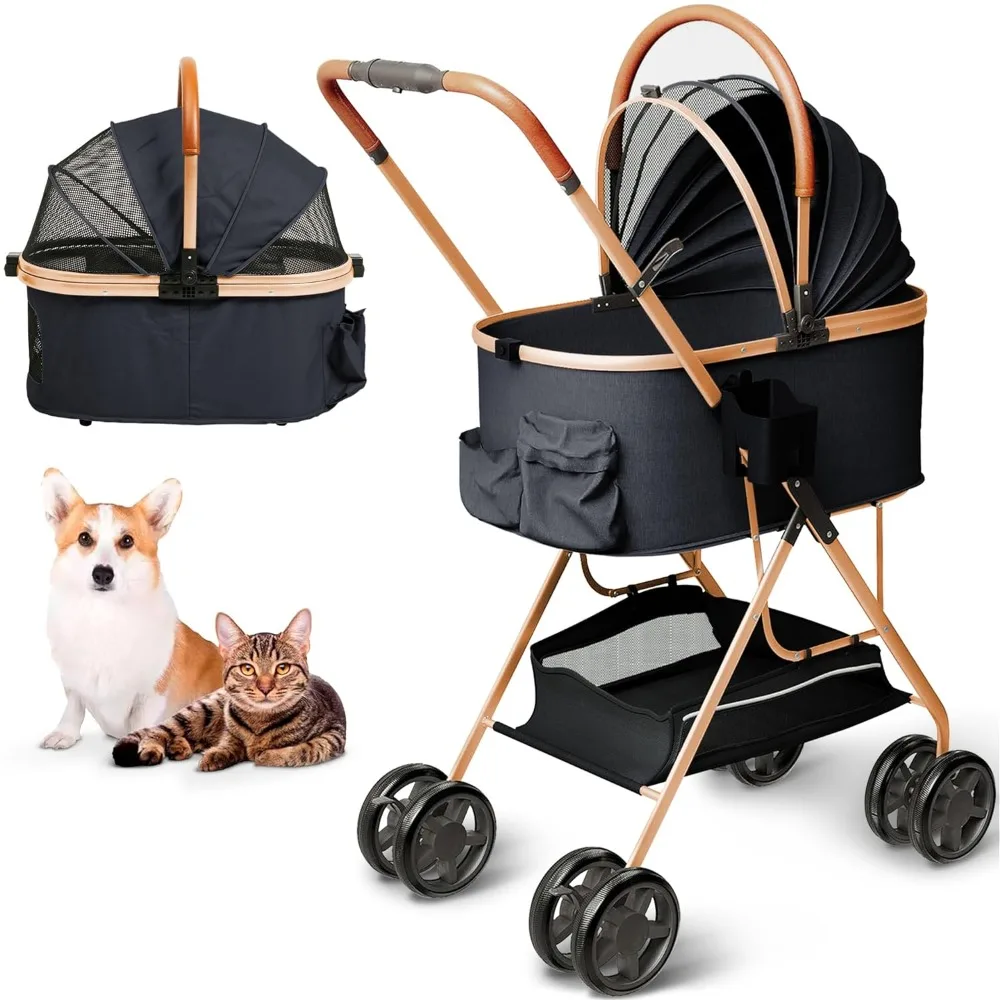 Dog cart, pet cart, cat cart - no zipper entrance, easy to fold with removable padding, storage basket+cup holder