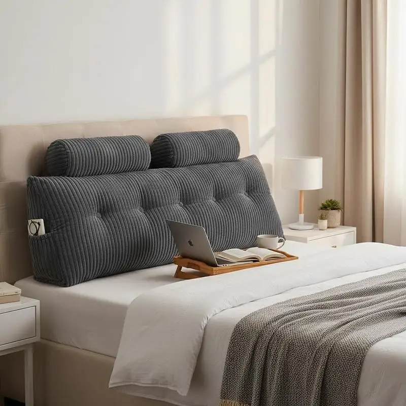 

Bed Wedge Bolster 60x8x10 Inches For Reading Gaming Resting, Detachable Headrests Side Storage Pockets Grey Flannel Cover Back Support Cushion