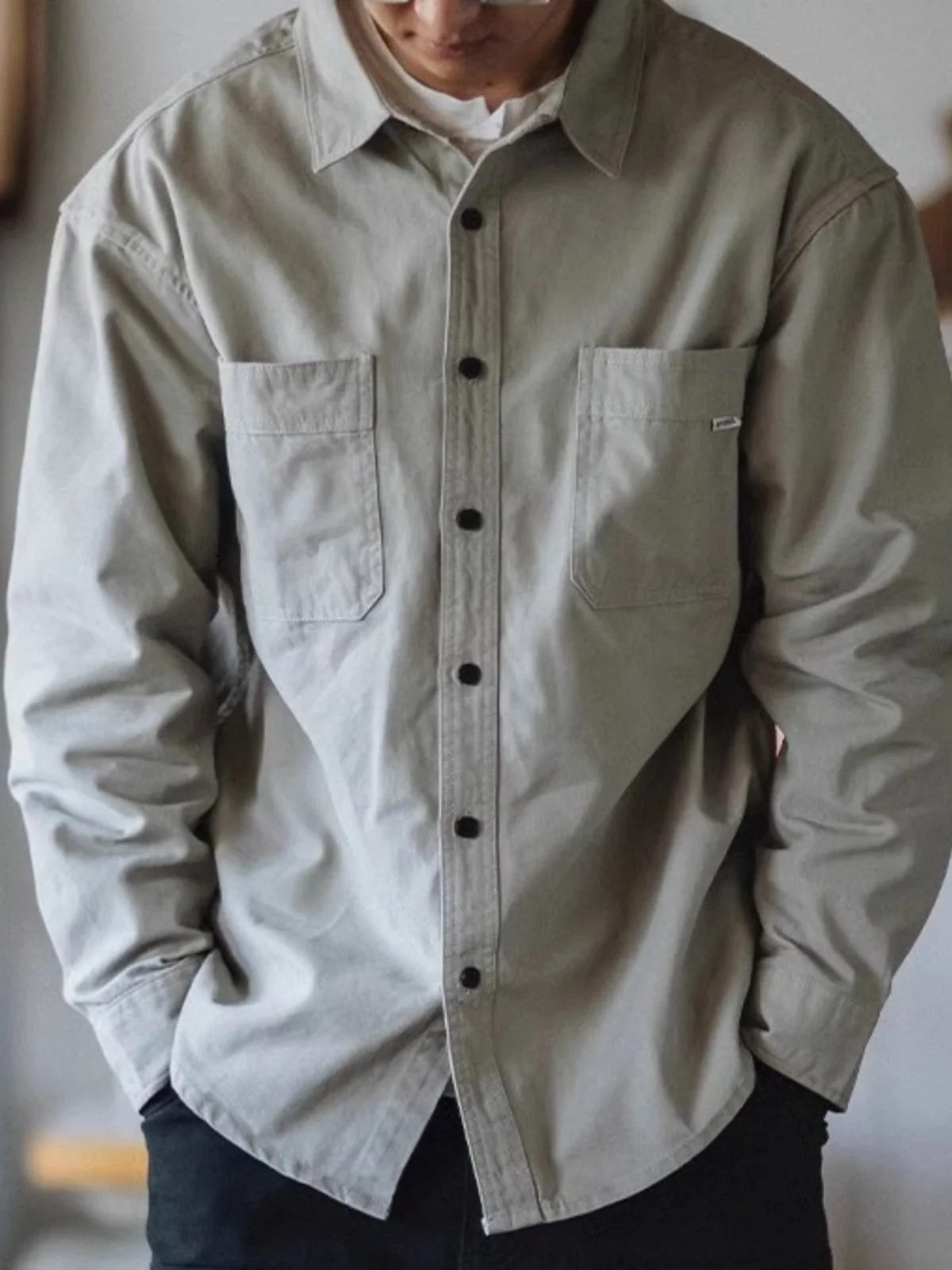 

Retro Japanese Waed Heavy Workwear irt Loose Long Sve Collared Men's Spring Autumn Trendy ket Long irt M Model