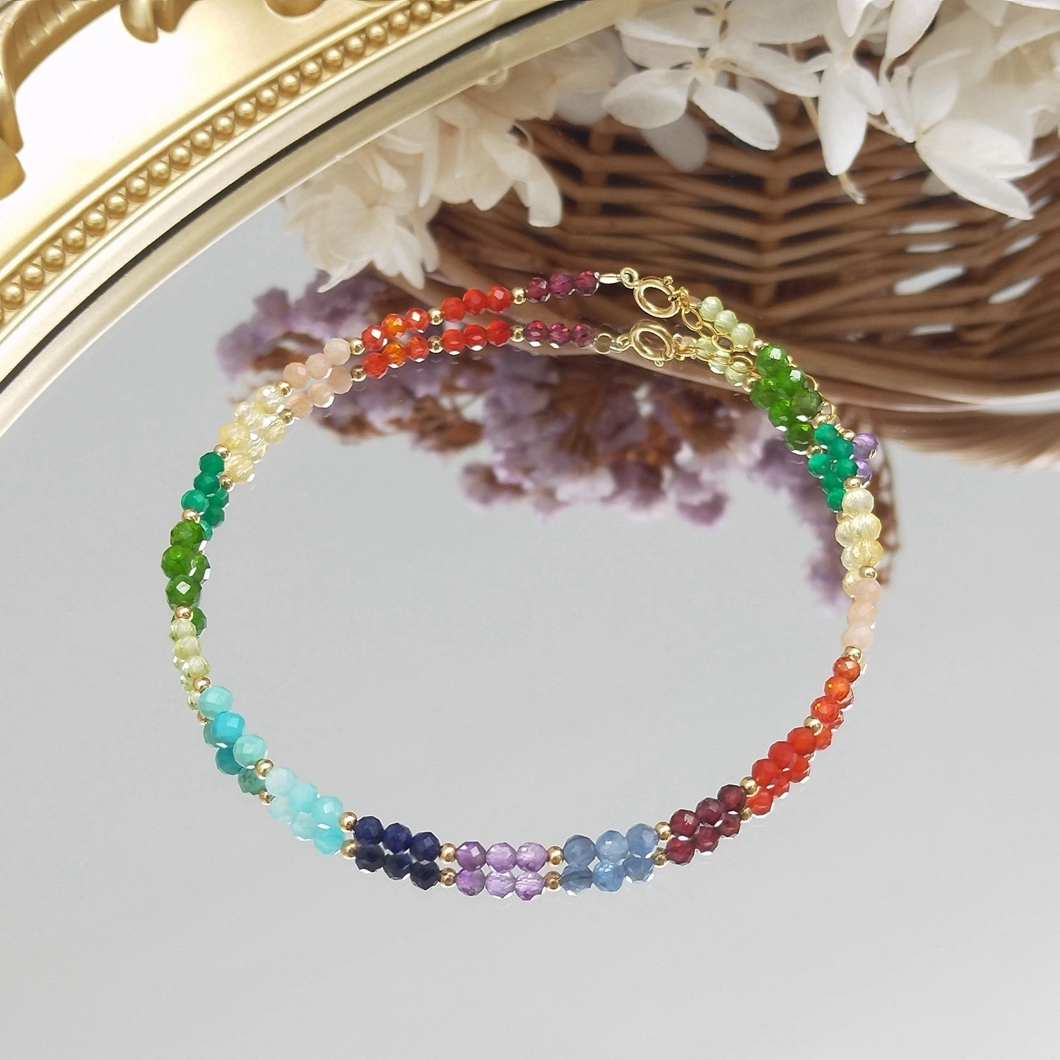 Lii Ji American 14K Gold Filled Multi Stone 3-4mm Sparkling Beaded Anklet 24+3cm Rainbow Jewelry For Women Girls
