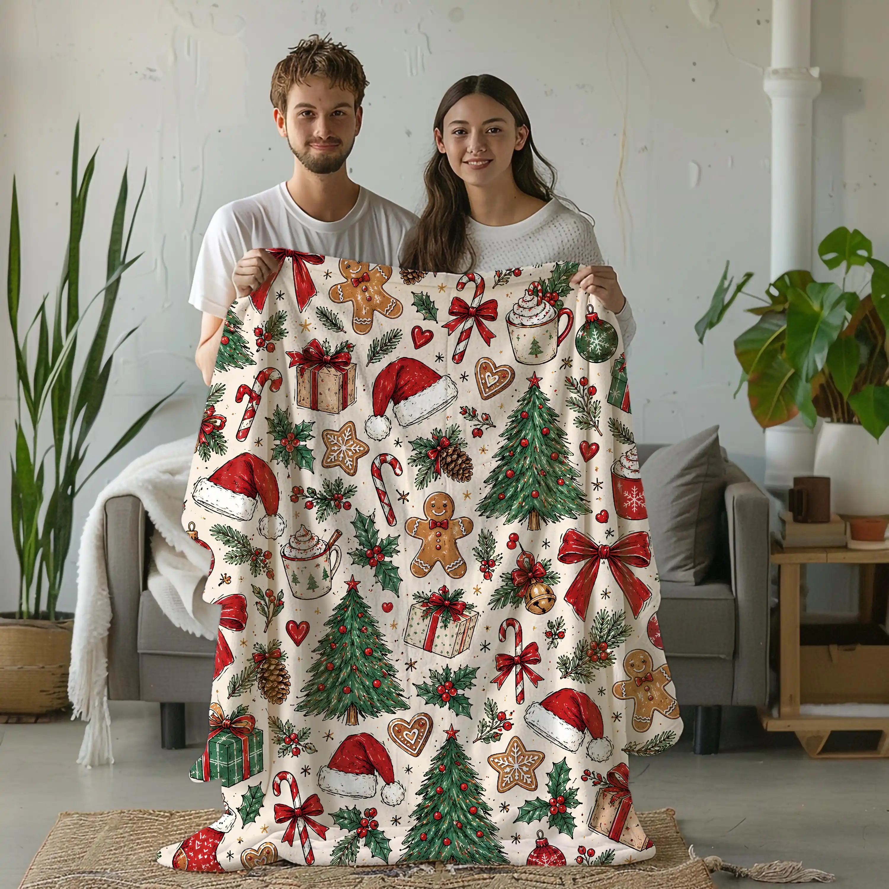 Christmas Flannel Blanket Vintage Holiday Throw Gingerbread Candy Cane Christmas Decor Holiday Best Gifts