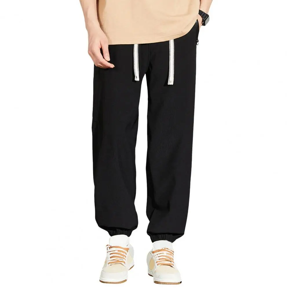 

Ankle-length Trousers Ankle-length Solid Color Pants Men's Summer Drawstring Elastic Waist Ice Silk Pants with for Daily