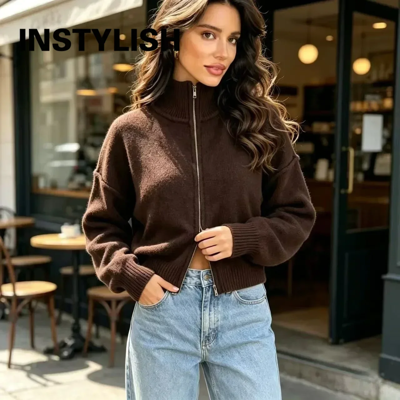Women Stand Collar Zip Up Knit Cardigan Long Sleeve Cropped Sweater Solid Loose Knitted Jacket Casual Fall Winter Outerwear