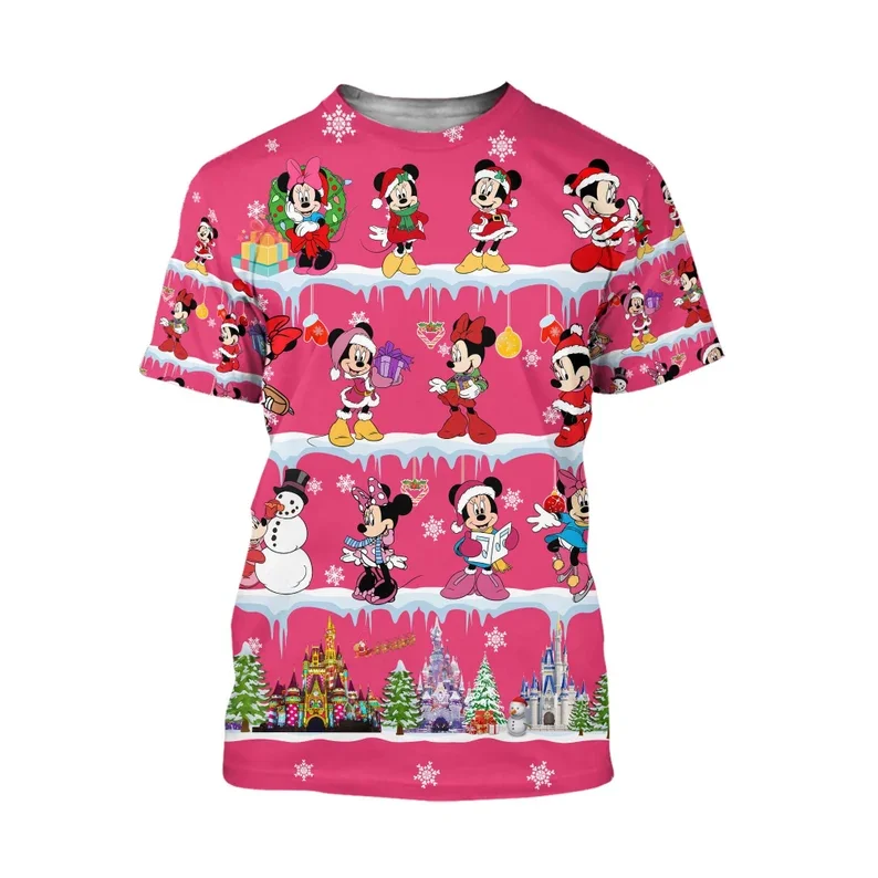 Pink Minnie Mouse Santa Hats Snow Disney Christmas Party T-shirts Unisex Graphic Cartoon Outfits Clothing For Men Women T-shirts